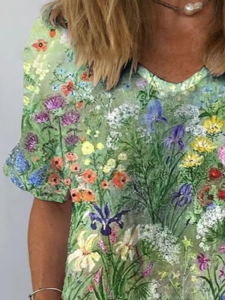 Rundhals Kurzarm Geblümt Print Regelmäßig Weit Tunika Bluse für Damen