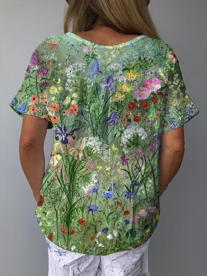 Rundhals Kurzarm Geblümt Print Regelmäßig Weit Tunika Bluse für Damen