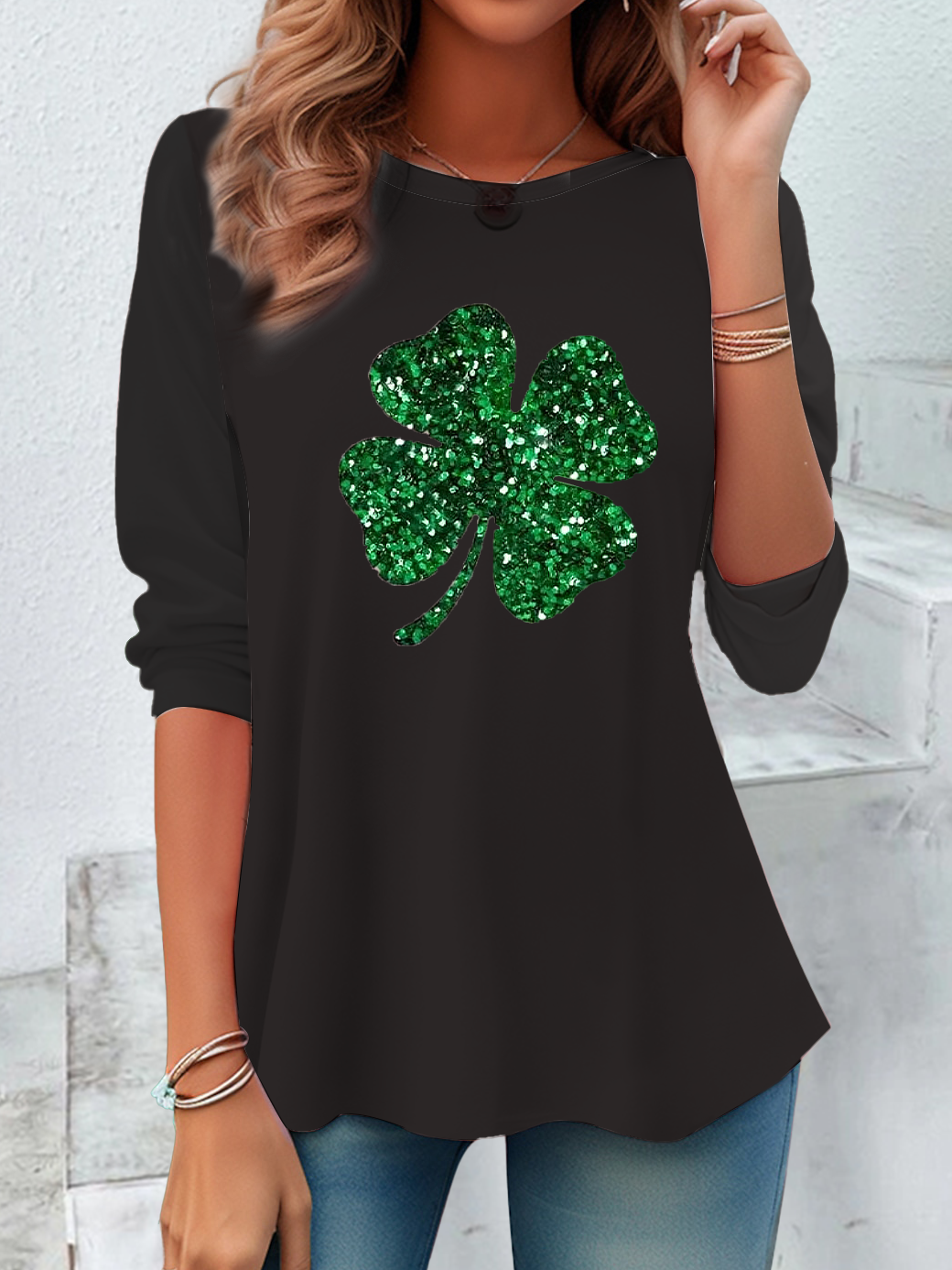 Lässig Kleeblatt Rundhals Langarm T-Shirt