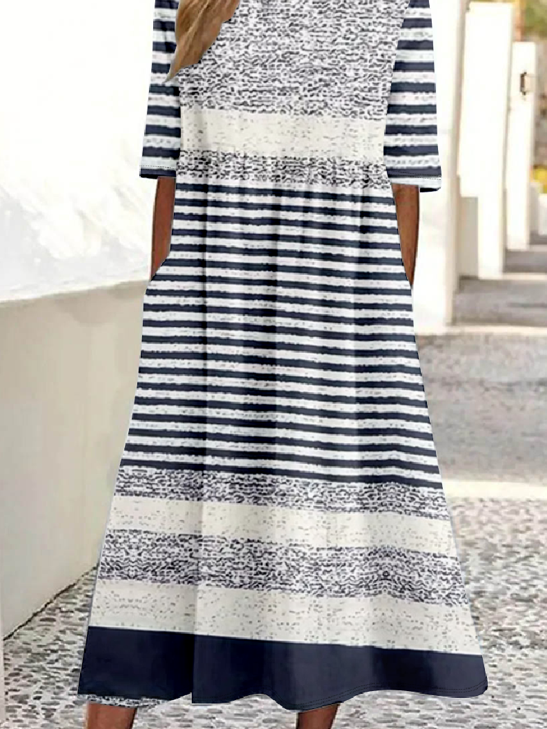 Damen Gestreift Rundhals Halbarm Bequem Retro Maxikleid