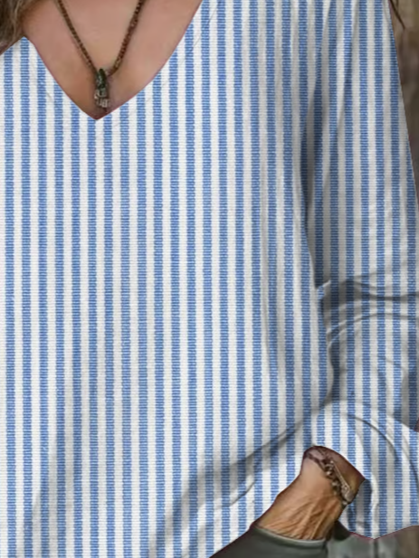 Lässig Gestreift V-Ausschnitt Langarm T-Shirt