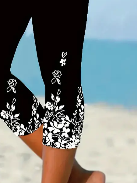 Lässig Geblümt Caprihosen Elastische Taille Print Hose