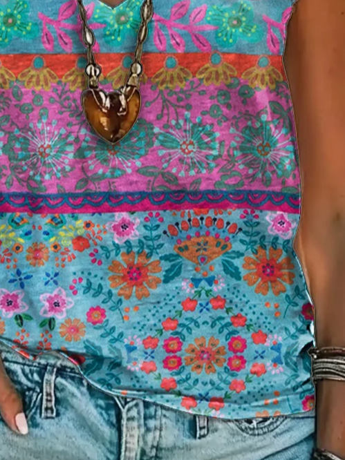 Lässig Geblümt V-Ausschnitt Kurzarm T-Shirt