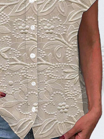 V-Ausschnitt Kurzarm Geblümt Print Regelmäßig Mikroelastizität Regelmäßige Passform Knopfhemd Bluse für Damen