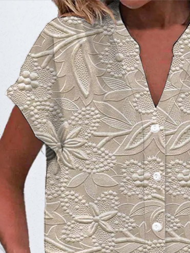 V-Ausschnitt Kurzarm Geblümt Print Regelmäßig Mikroelastizität Regelmäßige Passform Knopfhemd Bluse für Damen