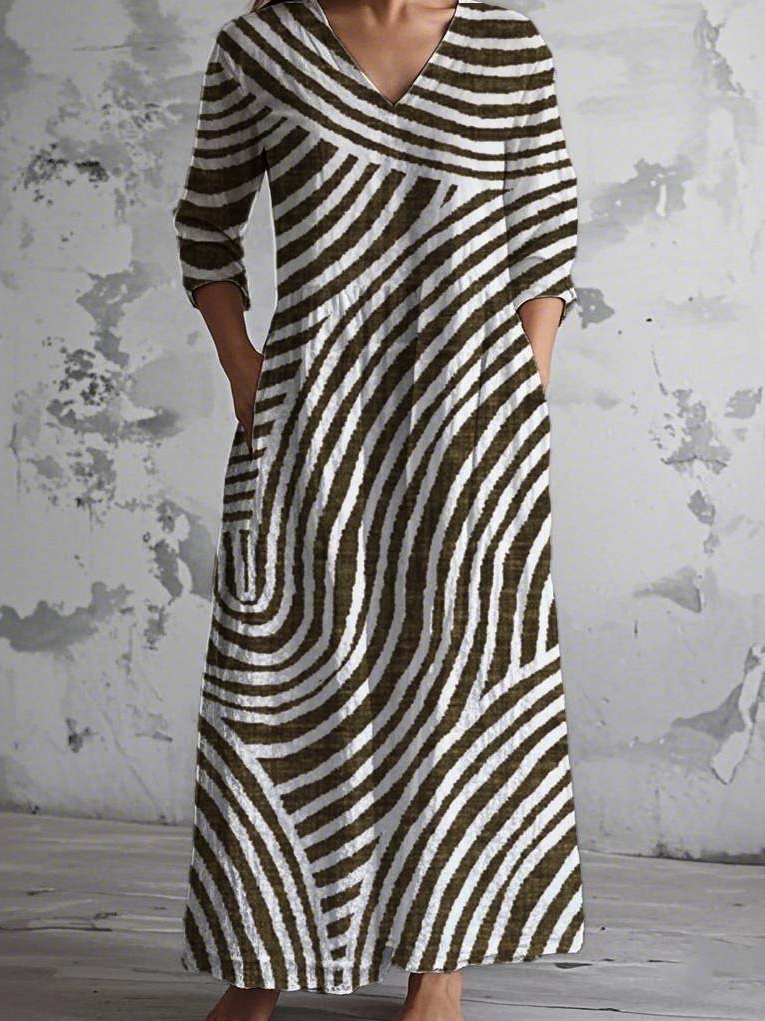 Damen Gestreift V-Ausschnitt Langarm Bequem Retro Maxikleid