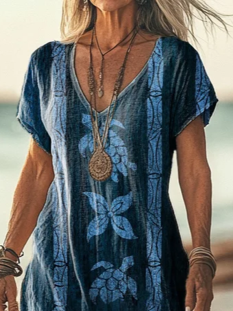 Damen Marine Leben V-Ausschnitt Kurzarm Bequem Lässig Print Maxikleid