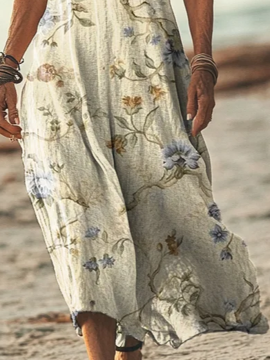 Damen Geblümt V-Ausschnitt Kurzarm Bequem Lässig Print Maxikleid