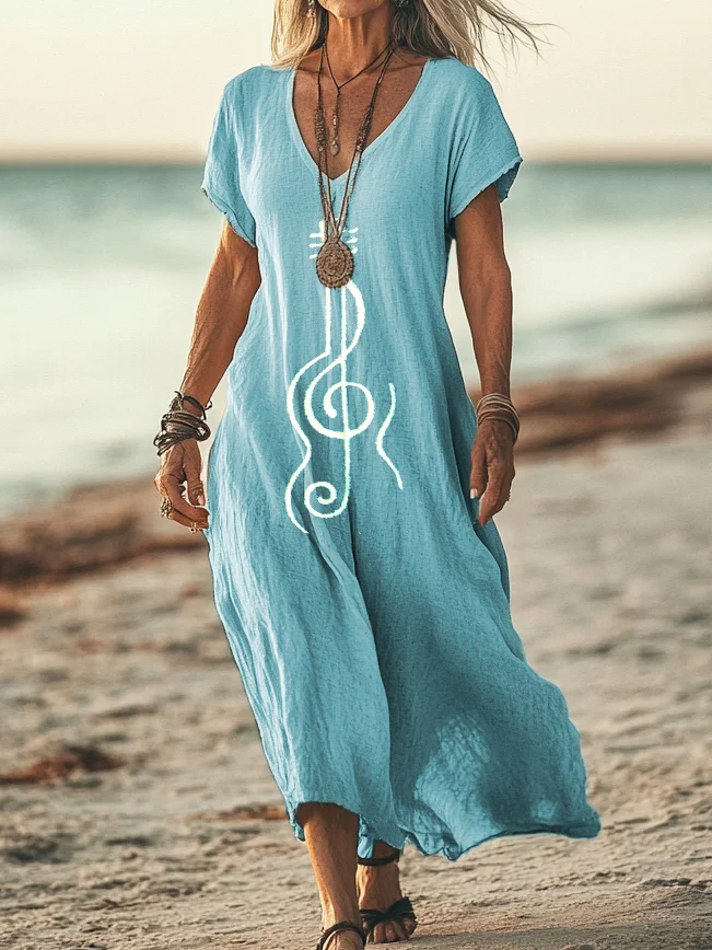 Damen Musik- V-Ausschnitt Kurzarm Bequem Lässig Print Maxikleid
