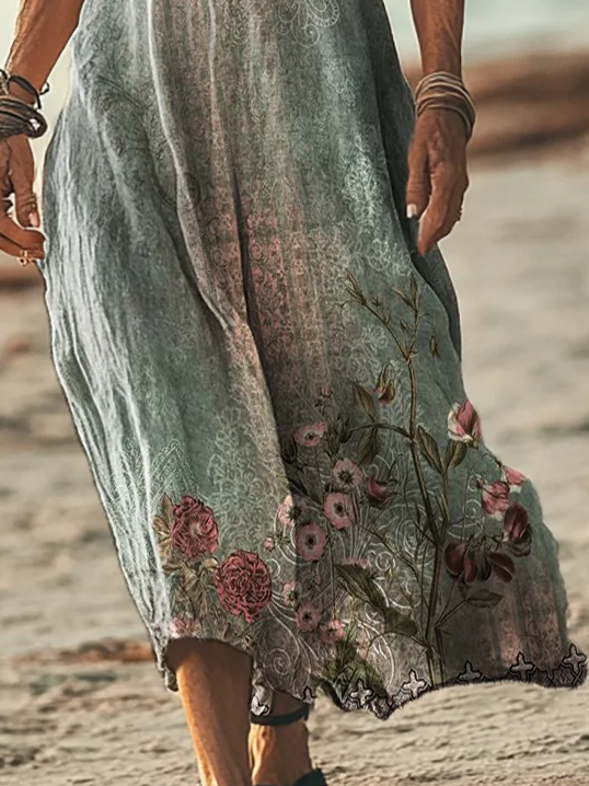 Damen Geblümt V-Ausschnitt Kurzarm Bequem Lässig Print Maxikleid