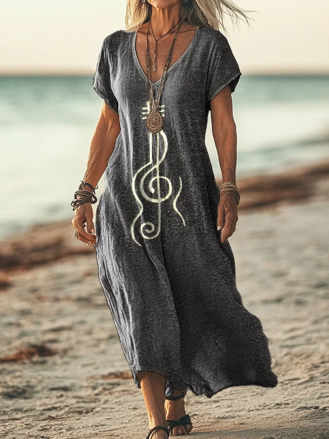 Damen Musik- V-Ausschnitt Kurzarm Bequem Lässig Print Maxikleid