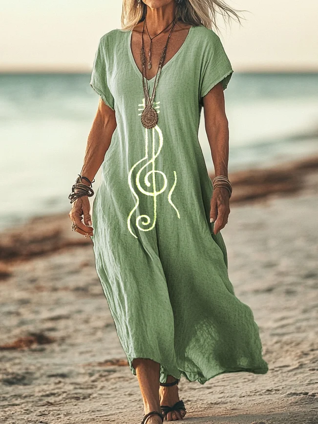 Damen Musik- V-Ausschnitt Kurzarm Bequem Lässig Print Maxikleid
