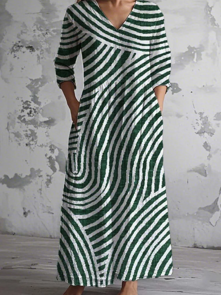 Damen Gestreift V-Ausschnitt Langarm Bequem Retro Maxikleid