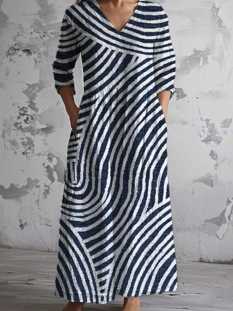 Damen Gestreift V-Ausschnitt Langarm Bequem Retro Maxikleid