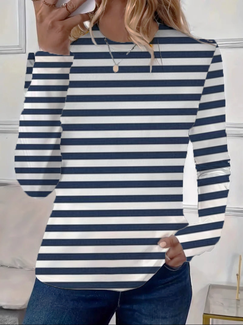 Lässig Gestreift Rundhals Langarm T-Shirt