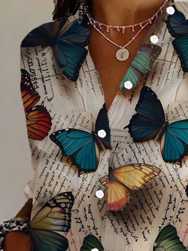Hemdkragen Langarm Schmetterling Schnalle Regelmäßig Weit Knopfhemd Bluse für Damen
