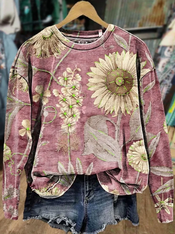 Lässig Rundhals Geblümt Sweatshirt Print