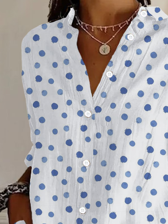 Hemdkragen Langarm Polka Dots Schnalle Regelmäßig Weit Knopfhemd Bluse für Damen