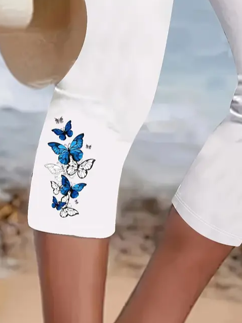 Lässig Schmetterling Caprihosen Elastische Taille Print Hose