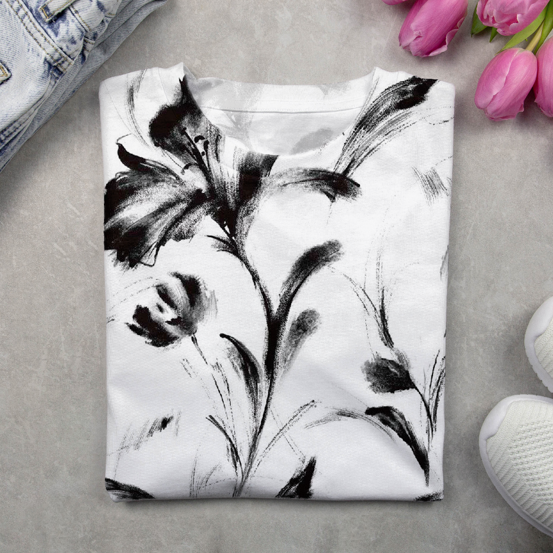 Lässig Geblümt Rundhals Langarm T-Shirt