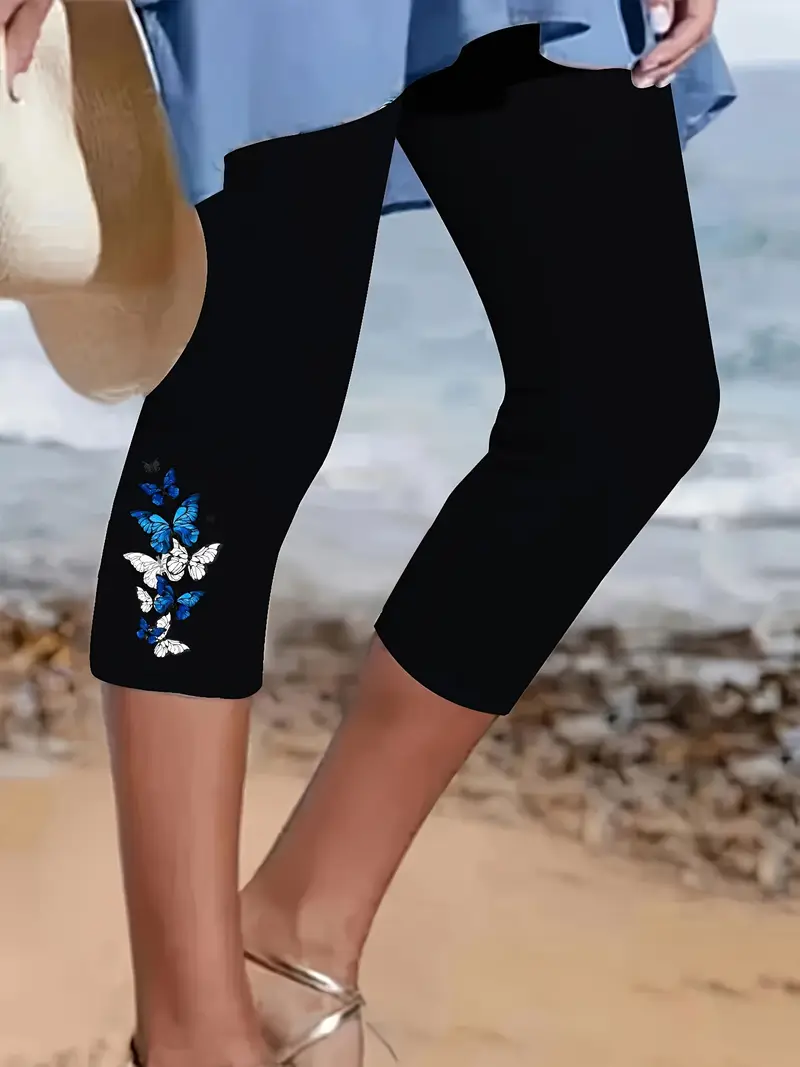 Lässig Schmetterling Caprihosen Elastische Taille Print Hose