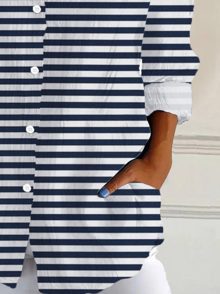 Hemdkragen Langarm Gestreift Schnalle Regelmäßig Weit Knopfhemd Bluse für Damen