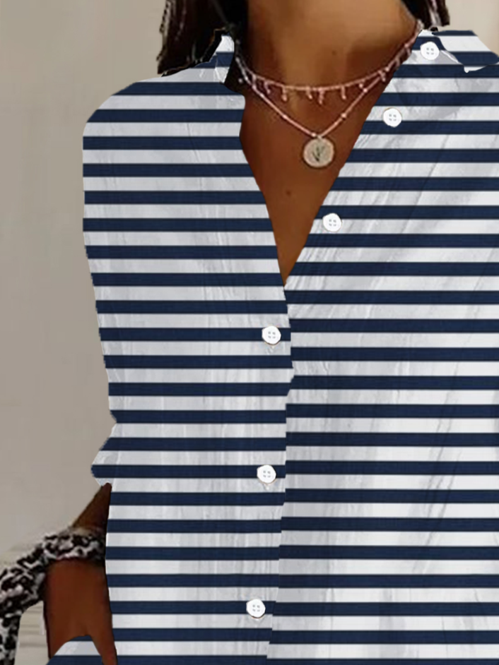 Hemdkragen Langarm Gestreift Schnalle Regelmäßig Weit Knopfhemd Bluse für Damen