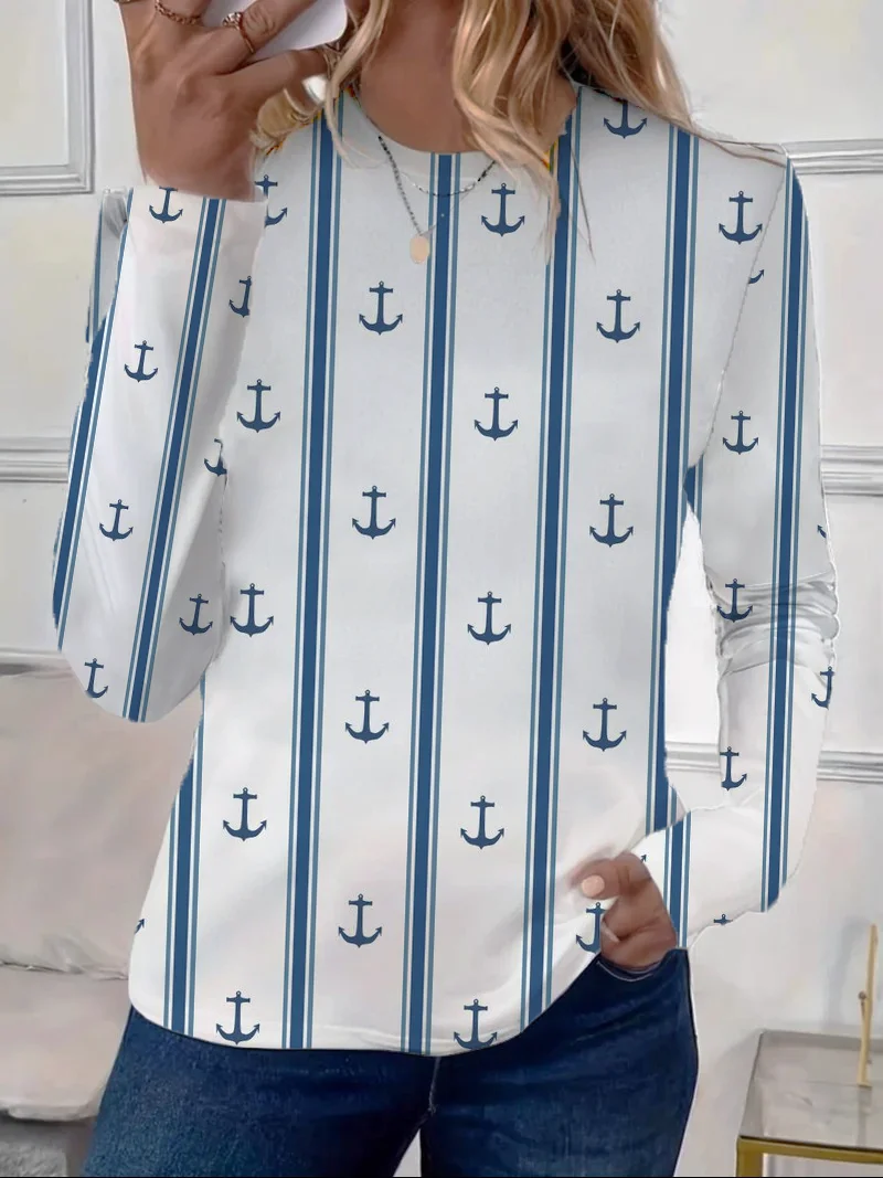 Lässig Gestreift Rundhals Langarm T-Shirt