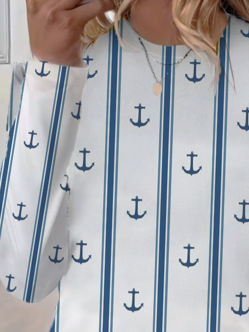 Lässig Gestreift Rundhals Langarm T-Shirt