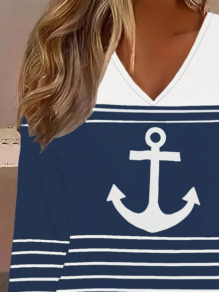 Lässig Gestreift V-Ausschnitt Langarm T-Shirt