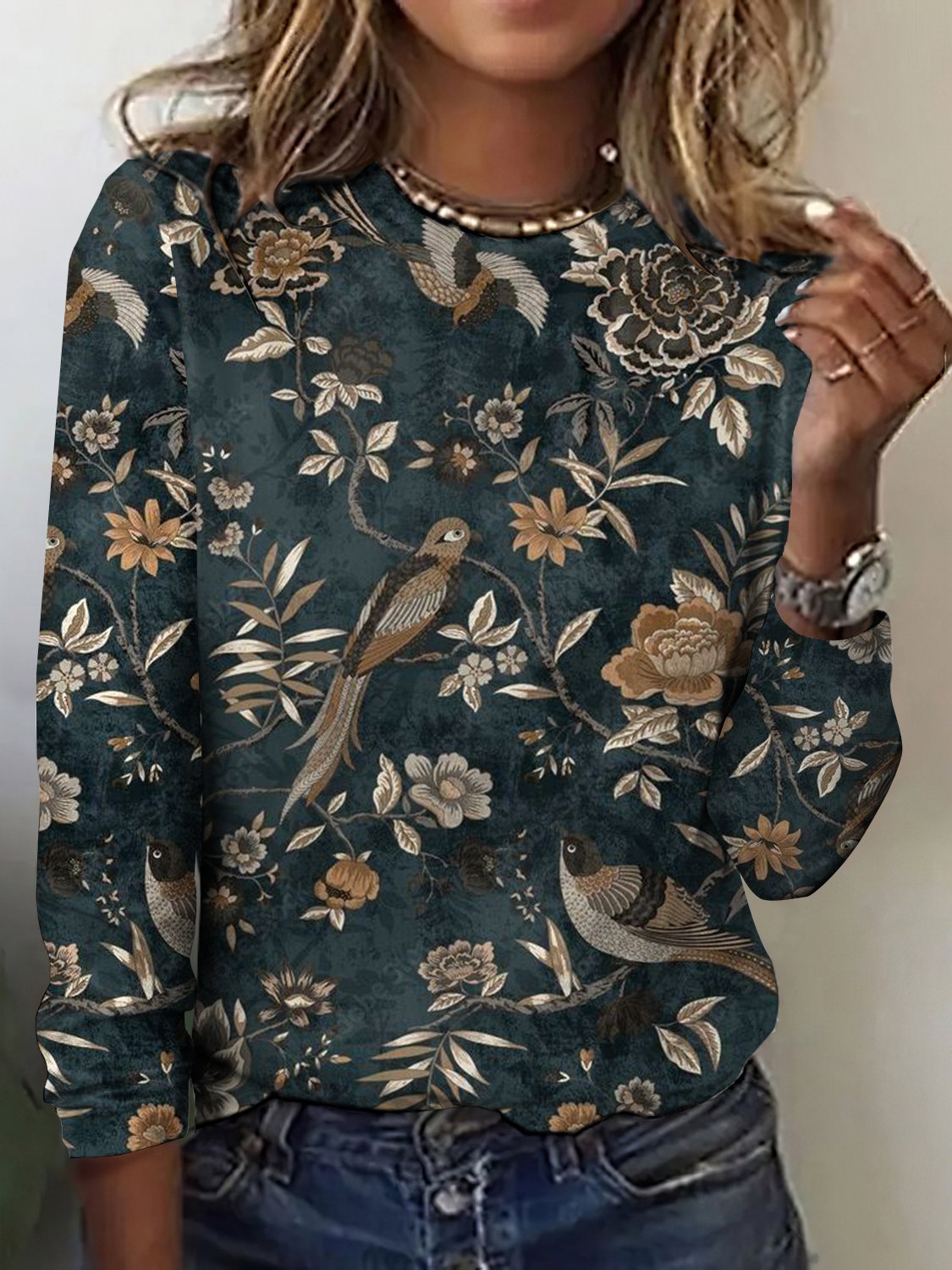 Retro Kariert Rundhals Langarm T-Shirt