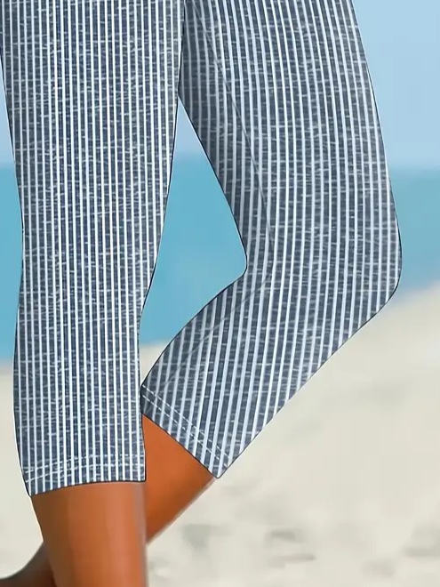 Damen Gestreift Caprihosen Elastische Taille Hose Lässig Sommer Hose