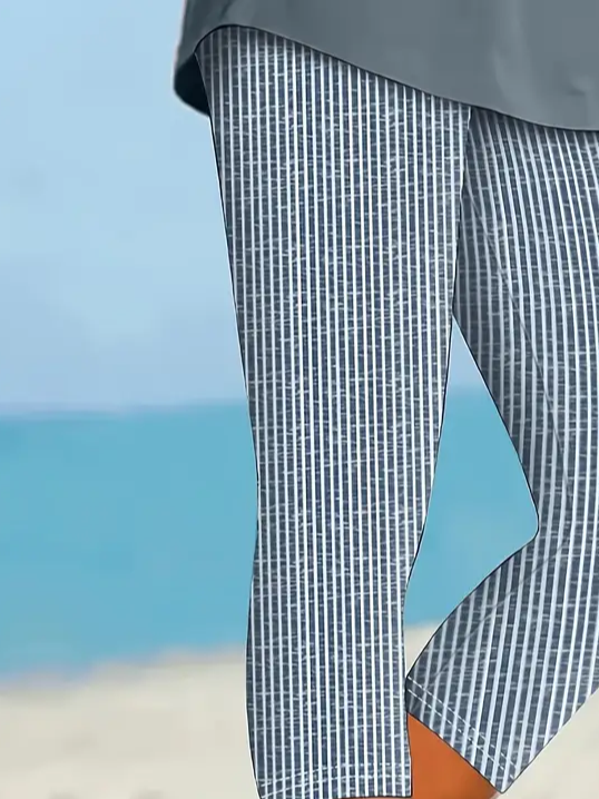 Damen Gestreift Caprihosen Elastische Taille Hose Lässig Sommer Hose