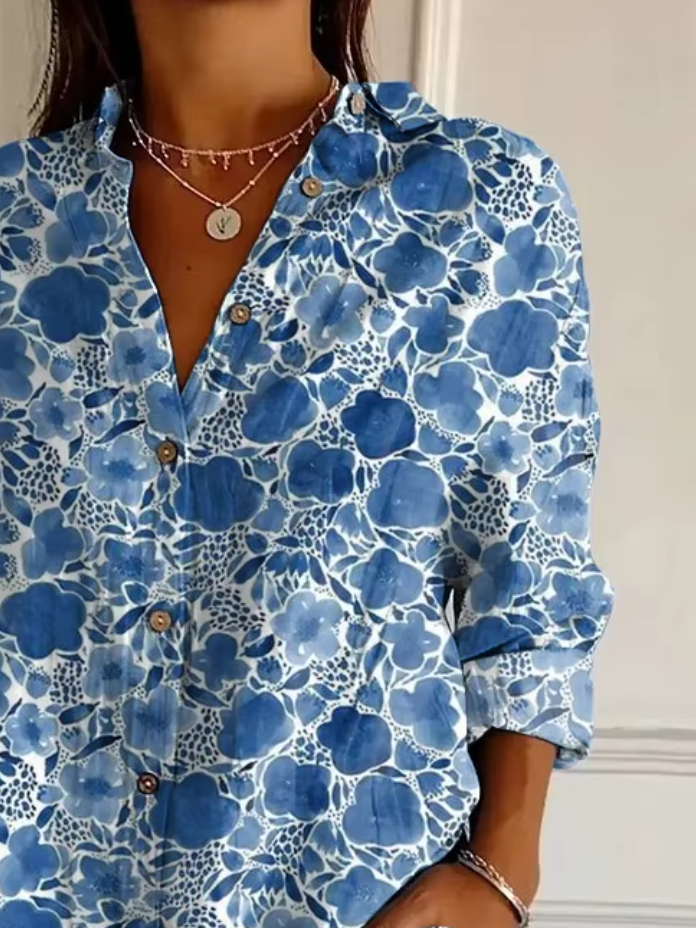 Hemdkragen Langarm Geblümt Regelmäßig Weit Bluse für Damen