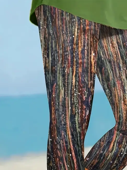 Lässig abstrakte Streifen Caprihosen Elastische Taille Print Hose