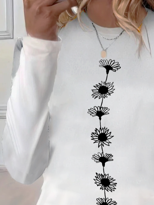Lässig Geblümt Rundhals Langarm T-Shirt