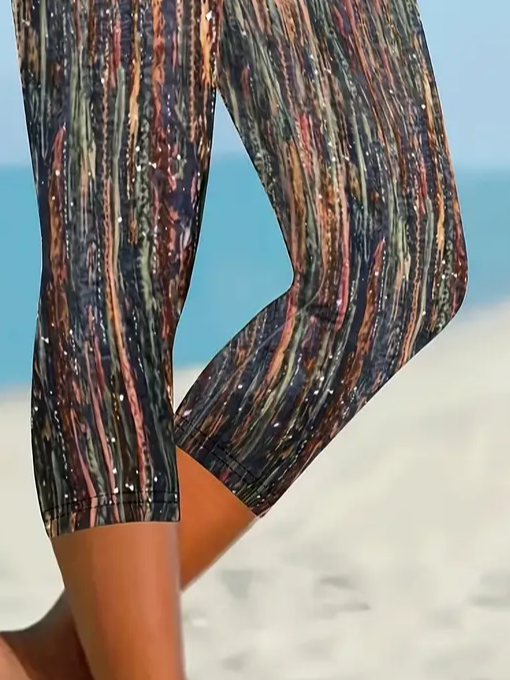 Lässig abstrakte Streifen Caprihosen Elastische Taille Print Hose