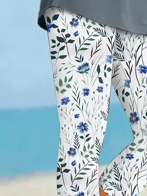 Lässig Geblümt Caprihosen Elastische Taille Print Hose