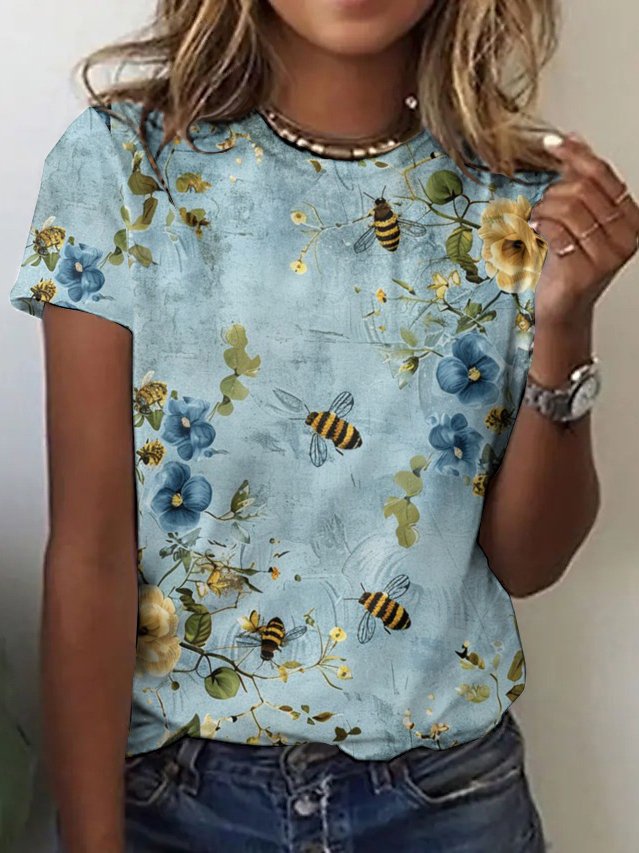 Lässig Geblümt Rundhals Ärmellos T-Shirt