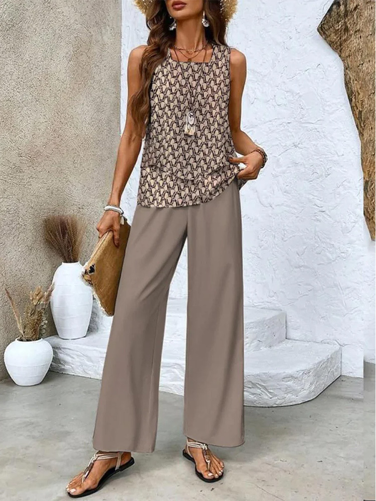Damen Unifarben Karree-Ausschnitt Ärmellos Bequem Lässig Bluse mit Hose Zweiteiliges Set