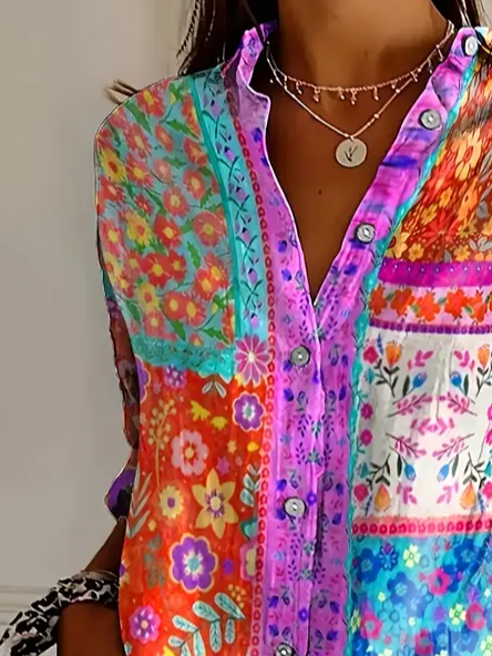 Hemdkragen Langarm Geblümt Schnalle Regelmäßig Weit Knopfhemd Bluse für Damen