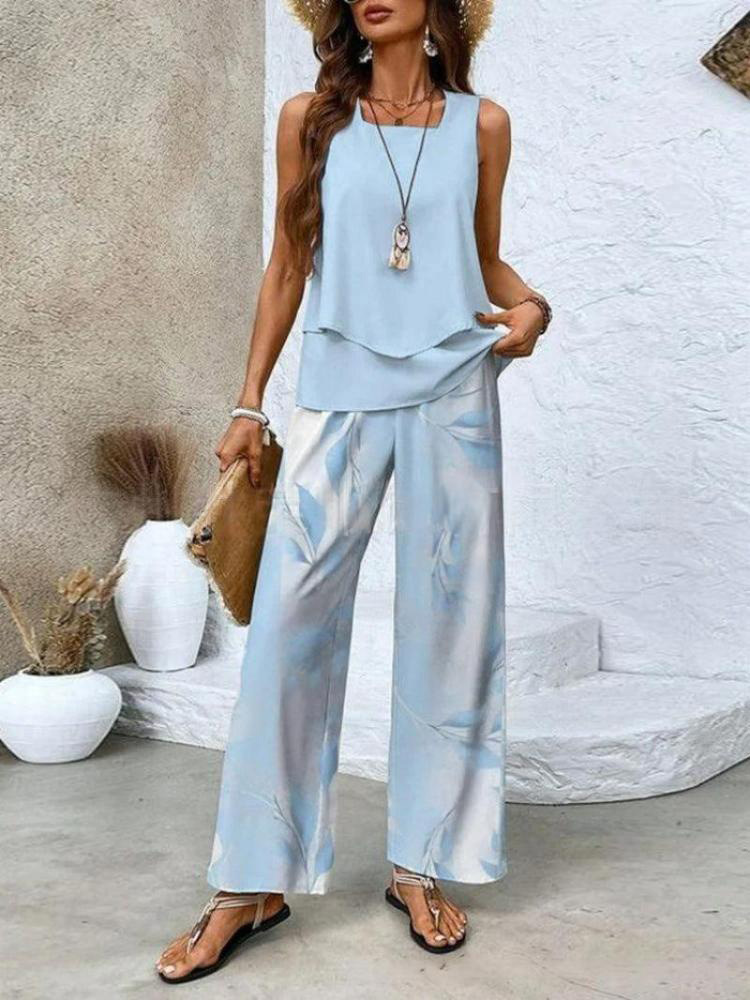 Damen Unifarben Karree-Ausschnitt Ärmellos Bequem Lässig Bluse mit Hose Zweiteiliges Set