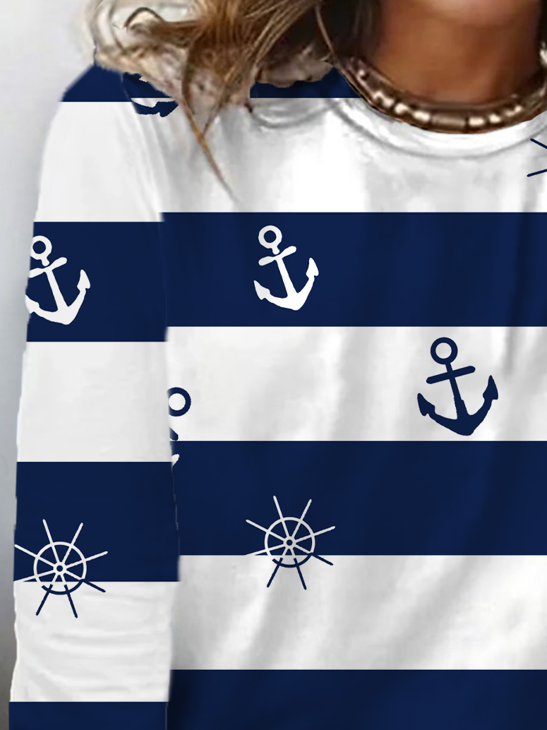 Lässig Gestreift Rundhals Langarm T-Shirt