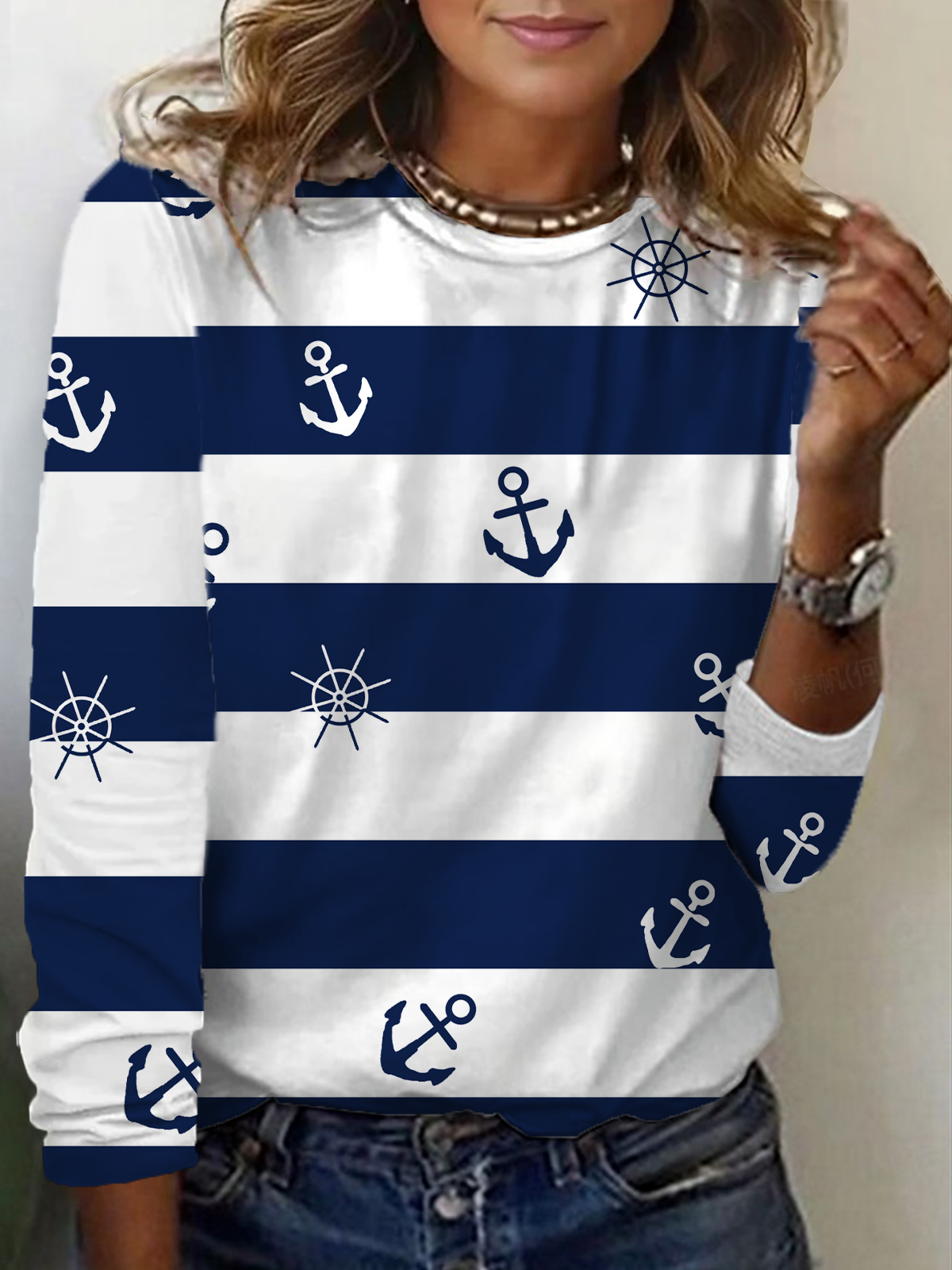 Lässig Gestreift Rundhals Langarm T-Shirt