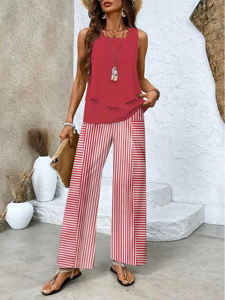 Damen Unifarben Karree-Ausschnitt Ärmellos Bequem Lässig Bluse mit Hose Zweiteiliges Set