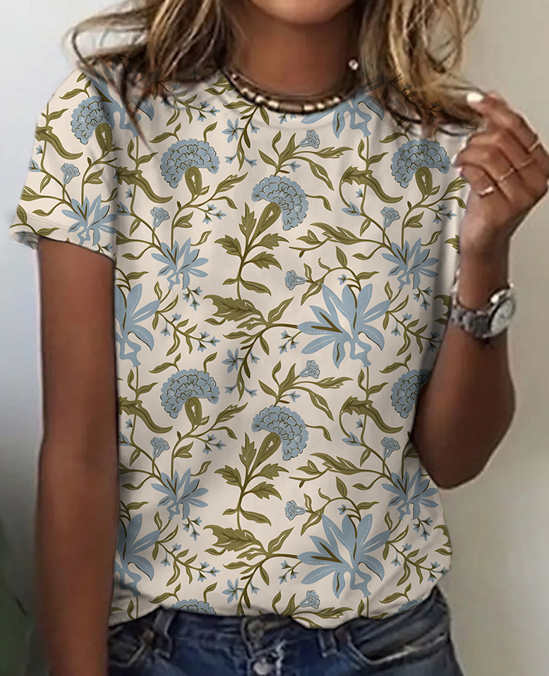 Lässig Geblümt Rundhals Kurzarm T-Shirt