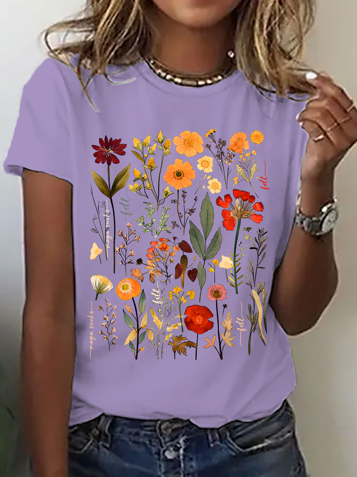 Lässig Geblümt Rundhals Kurzarm T-Shirt