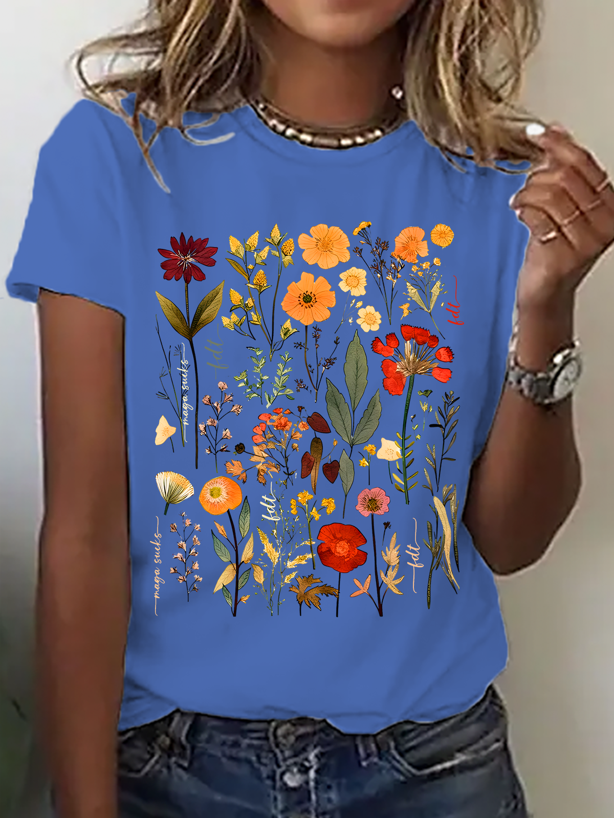 Lässig Geblümt Rundhals Kurzarm T-Shirt