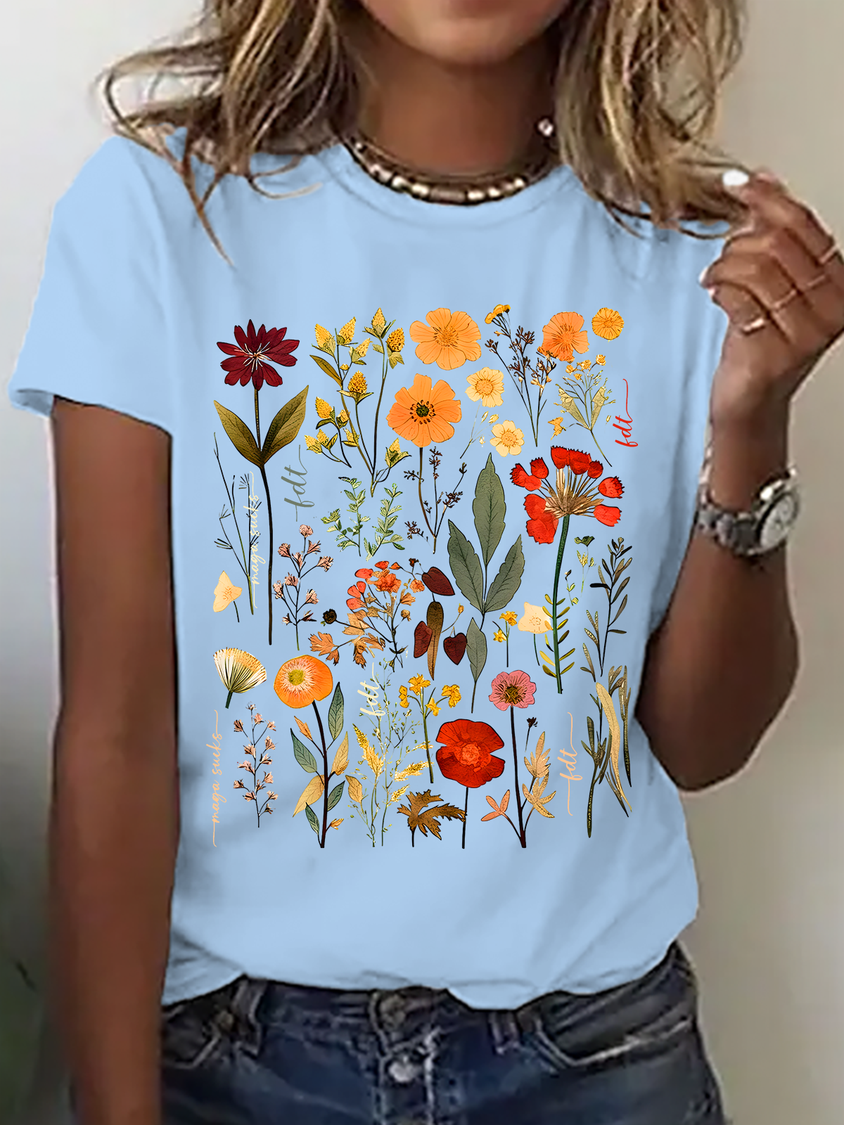 Lässig Geblümt Rundhals Kurzarm T-Shirt