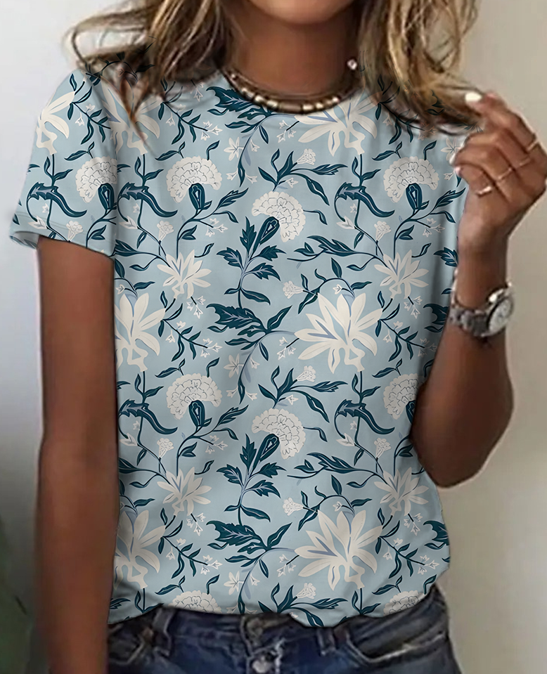 Lässig Geblümt Rundhals Kurzarm T-Shirt